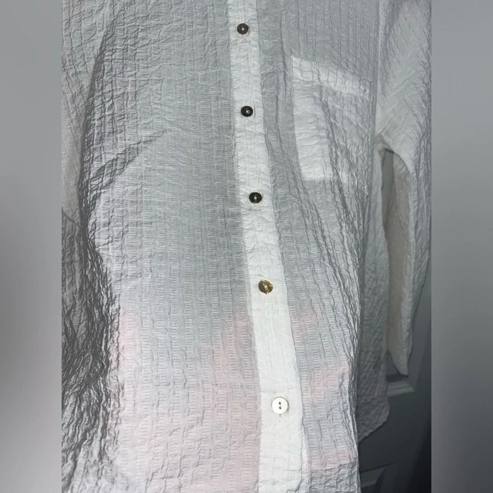 Pink Ripple White Flowy Real Shell Button Down Collared Blouse Size Small - Picture 11 of 14